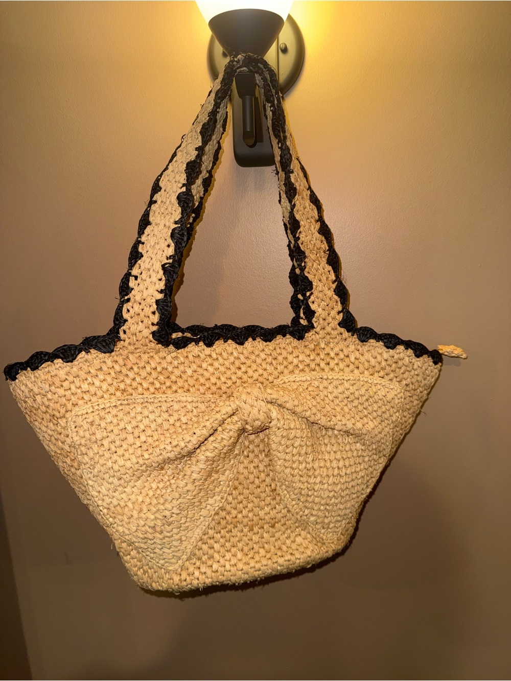 kate spade Tan Woven Tote with Black Trim, Gold Hardware, and Bow Detail